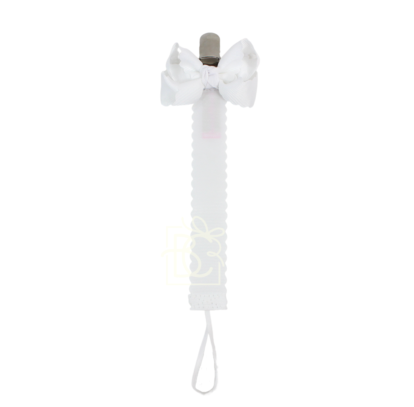White Scalloped Grosgrain Pacifier Clip- Detachable Bow