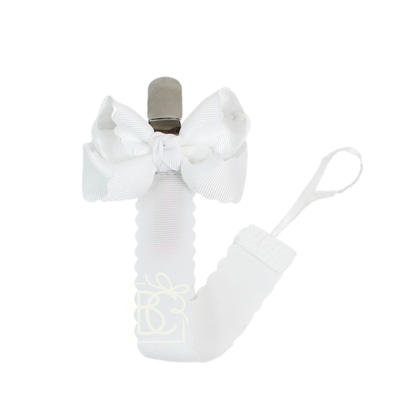 White Scalloped Grosgrain Pacifier Clip- Detachable Bow