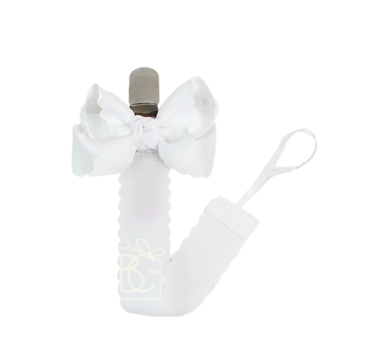 White Scalloped Grosgrain Pacifier Clip- Detachable Bow