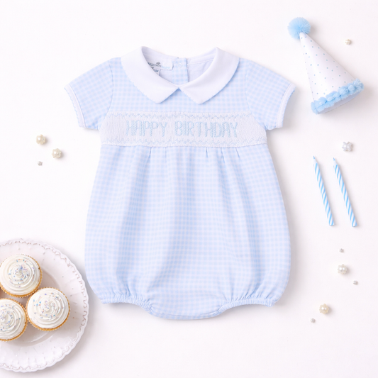 Birthday Classics Smocked Short Sleeve Bubble- Blue