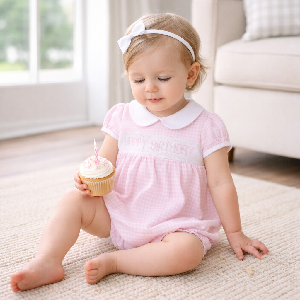 Birthday Classics Smocked Short Sleeve Bubble- Pink