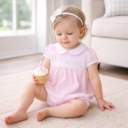Birthday Classics Smocked Short Sleeve Bubble- Pink