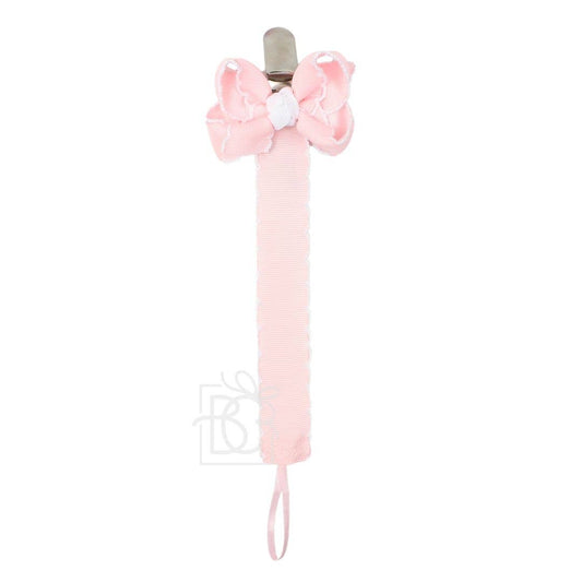 Light Pink & White Crochet Edge Grosgrain Pacifier Clip- Detachable Bow