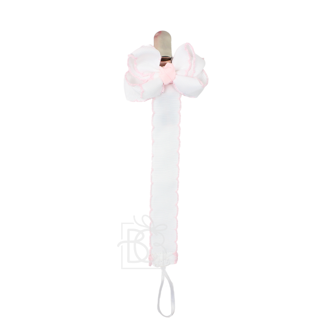 White & Light Pink Crochet Edge Grosgrain Pacifier Clip- Detachable Bow