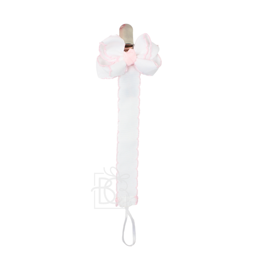 White & Light Pink Crochet Edge Grosgrain Pacifier Clip- Detachable Bow